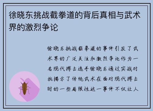 徐晓东挑战截拳道的背后真相与武术界的激烈争论